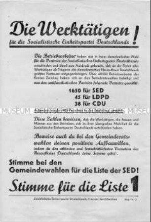 Propagandaflugblatt der SED zu den Ergebnissen der Betriebsrätewahlen und Aufruf zu den Gemeindewahlen