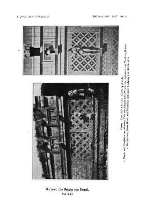 Taf. XXI. : Uxmal. Casa del Adivino. Gipfelgebäude. 1. Wand- und Friesfläche des mittleren Teils der Hauptfassada (Westfront). Aufnahme von Teobert Maler. 2. Ein Quadrant dieser Wand- und Freisfläche nach einer Zeichnung von Waldeck's.