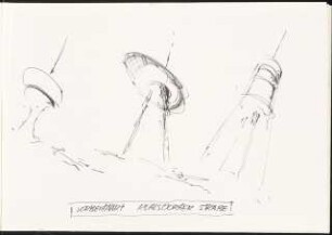 Wasserturm, Teltow Schinkelwettbewerb 1995: Skizzenbuch S. 3: 3 Skizzen von Wassertürmen, Vorbeifahrt Ruhlsdorfer Straße