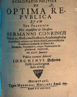 Exercitatio Politica De Optima Republica