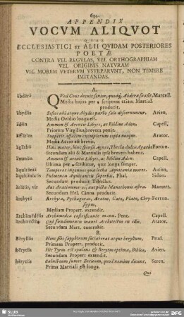 Appendix Vocum Aliquot Quas Ecclesiastici Et Alii Quidam Posteriores Poetae Contra Vel Regulas, Vel Orthographiam Vel Originis Naturam Vel Morem Veterum Usurparunt, Non Temere Imitandas