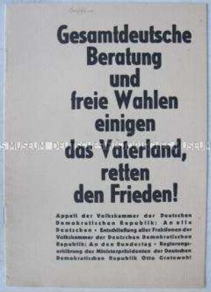 Sonderdruck mit Erklärung der Regierung Grotewohl und Appellen der Volkskammer an Bundestag und alle Deutschen für gesamtdeutsche Beratungen und Wahlen