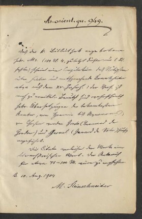 Notiz Steinschneiders über Inhalt und Wert der Handschrift