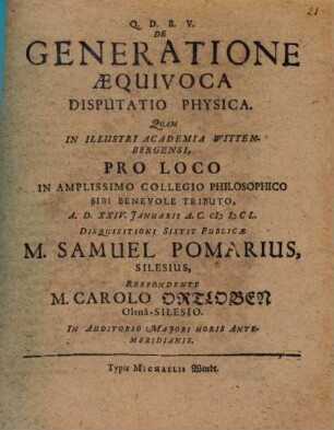 De generatione aequivoca disputatio physica