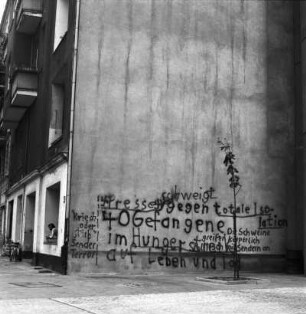 Graffiti an der Hauswand, „40 Gefangene im Hungerstreik“, Kritik an Isolationshaft