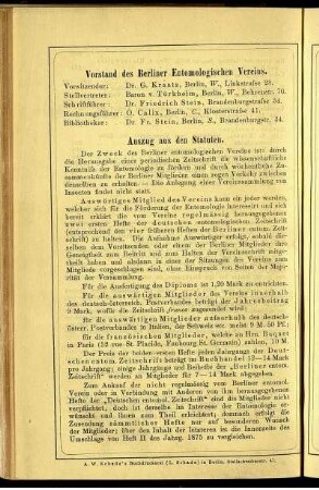 Vorstand des Berliner Entomologischen Vereins - Auszug aus den Statuten
