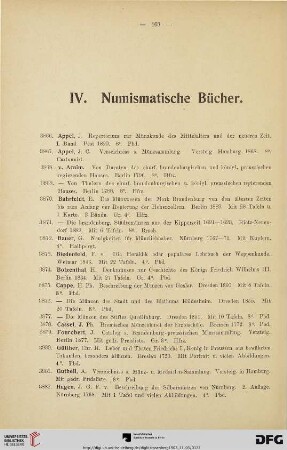 IV. Numismatische Bücher (Nr. 3866-3911)