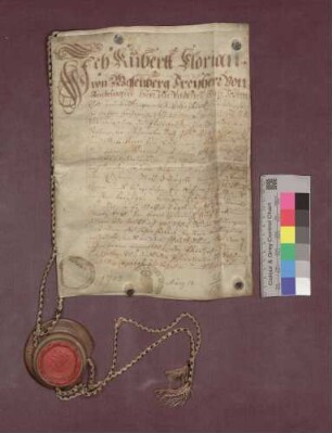 Rubert Florian von Wessenberg, Freiherr von Ambringen etc., übergibt Mathis Nägeli zu Feldkirch eine Anzahl Güter zu Erblehen.