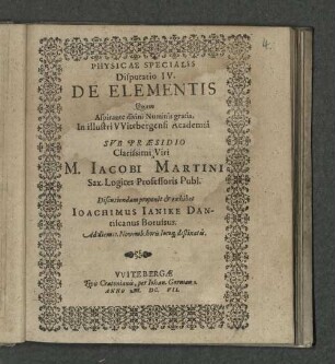 Physicae Specialis Disputatio IV. De Elementis