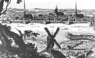 Stralsund. Stadtansicht mit Bockmühle im Vordergrund, nach Merian, um 1652, Ausschnitt