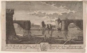 Die durch Napoleonische Truppen am 19. März 1813 gesprengte Augustusbrücke in Dresden, mit Brückenmännchen