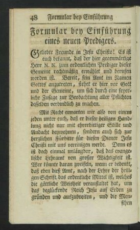 Formular bey Einführung eines neuen Predigers