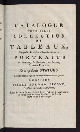1-8, Catalogue d'une Belle Collection de Tableaux, ...