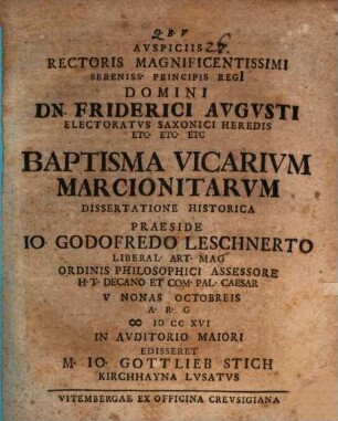 Baptisma vicarium Marcionitarum, diss. hist.
