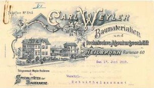 Briefbogen der Baumaterialien-Großhandlung Carl Weyler mit Firmenansicht, Gartenstraße 60