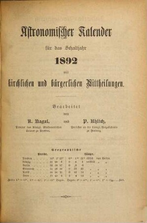 Kalender und statistisches Jahrbuch für das Königreich Sachsen nebst Marktverzeichnissen für Sachsen und die Nachbarstaaten : auf d. Jahr .... 1892