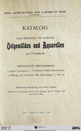 Katalog einer Sammlung von modernen Ölgemälden und Aquarellen aus Privatbesitz : öffentliche Versteigerung von Montag, den 11. Februar 1901 an (Katalog Nr. 34)