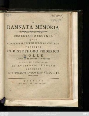 Diss. 2: De Damnata Memoria : Dissertatio ...