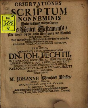 Observationes ad Scriptum Nonneminis : Untersuchung etlicher Örter des Neuen Testaments, die wegen bißher übler Übersetzung die Warheit auffgehalten haben