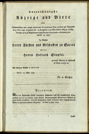 Unterthänigste Anzeige und Bitte ...