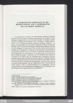 L'Oniromancie Orientale Et Ses Répercussions Sur L'Oniromancie De L'Occident Medieval