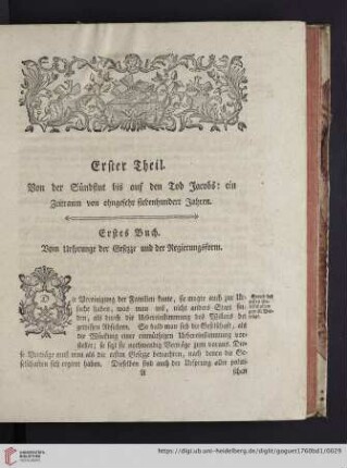 Erstes Buch. Vom Ursprunge der Gesezze und der Regierungsform