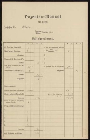 Dozenten-Manual für Herrn Professor Dr. Klein Sommer-Semester 1912 Schlußrechnung.