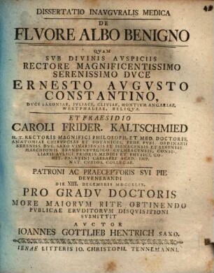 Dissertatio Inavgvralis Medica De Flvore Albo Benigno
