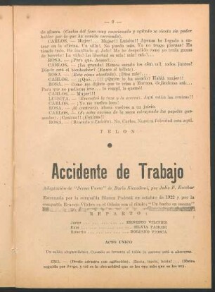 Accidente de trabajo : Adaptación de "Scena vuota" de Darío Niccodemi