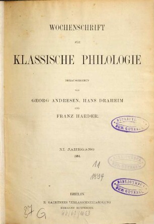 Wochenschrift für klassische Philologie. 11. 1894