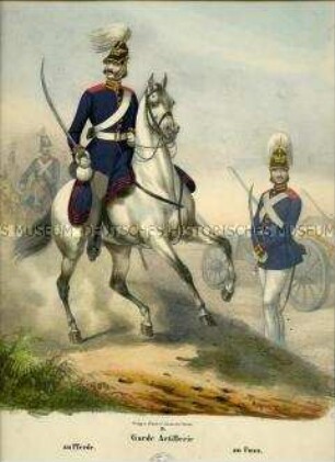 Uniformdarstellung, Artillerist der Garde-Artillerie-Brigade zu Pferd, Artillerist der Garde-Artillerie-Brigade zu Fuß, Geschütz, Preußen 1843/1845. Aus: Sachse: Das Preussische Heer. Tafel 9.