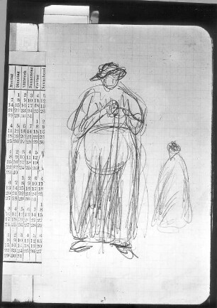 Figurenstudie einer stehenden Frau mit Hut : Güstrower Taschenbuch 1912/I. Figurenstudie einer stehenden Frau mit Hut (Seite 1). Bleistiftzeichnung (1912; E. Barlach). Güstrow, Heidberg 15. Atelier des Bildhauers