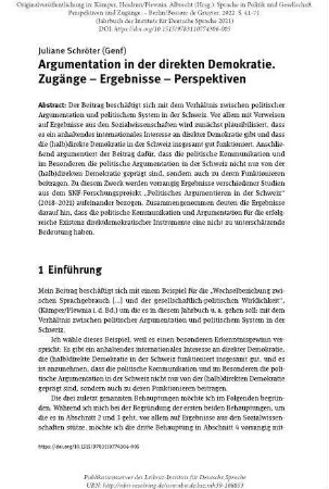 Argumentation in der direkten Demokratie. Zugänge – Ergebnisse – Perspektiven