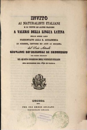 Invito ai naturalisti Italiani... a valersi della lingua Latina nelle opere loro...