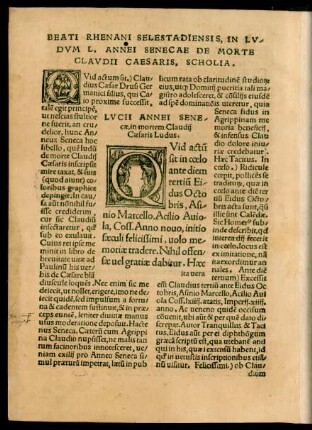 Lucii Annei Senecae, in mortem Claudii Caesaris Ludus. = Beati Rhenani Selestadiensis, In Ludum L. Annei Senecae De Morte Claudii Caesaris, Scholia.