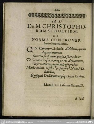 Ad Dn. M. Christophorum Scholtium De Norma Controversiarum Respondentem