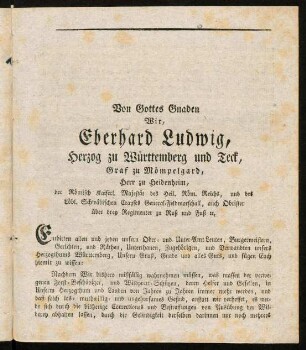 3-11, Von Gottes Gnaden Wir, Eberhard Ludwig, Herzog zu Württemberg und Teck, ...
