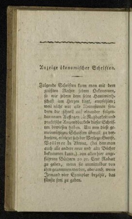 Anzeige ökonomischer Schriften.