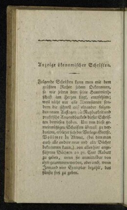 Anzeige ökonomischer Schriften.
