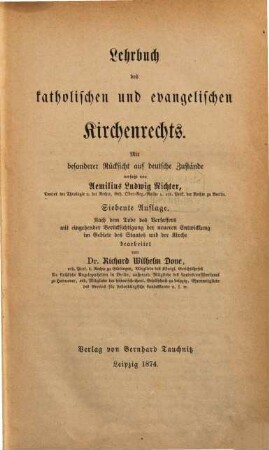 Lehrbuch des katholischen und evangelischen Kirchenrechts : mit besonderer Rücksicht auf deutsche Zustände. [1]