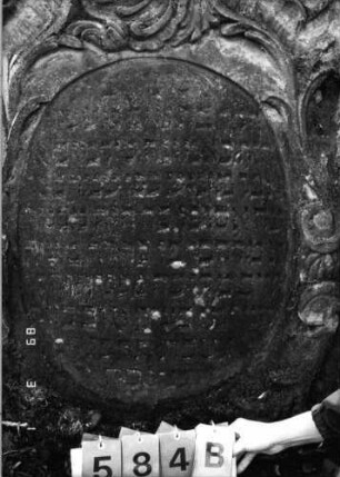 Grabstein 584 (Index: 99753078) Material: Sandstein Zustand: verwittert Maße HxBxT: 162x91x8 cm Beschreibung: Stele, geschwungen eingezogenerb Rundbogenabschluß, ovales Schriftfeld Symbolik: Muschel, Ranken, Schriftband, Blumen: Grabstein 584B