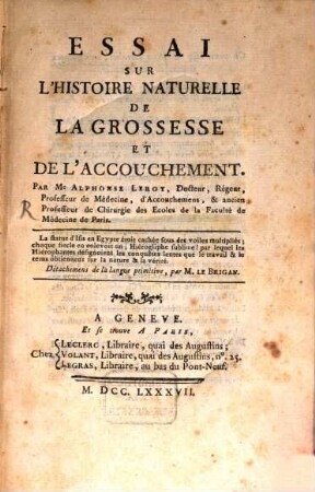 Essai sur l'histoire naturelle de la grossesse et de l'accouchement