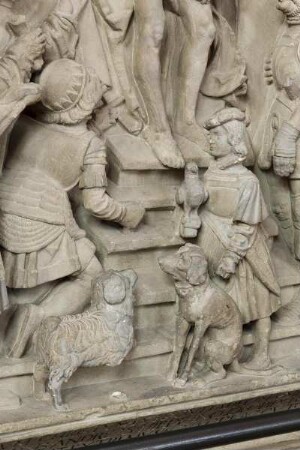 Epitaph für Andreas Hirde — Falkner und Bürger mit zwei Hunden