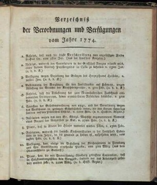 Verzeichniß der Verordnungen und Verfügungen vom Jahre 1774.