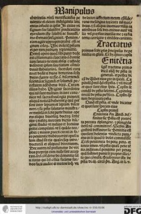 Quid est penitentia et unda dicatur et quot sunt species eius. Capitulum primum. [P]enitentia secundum Ambrosium diffinitus sic Penitentia est preterita peccata deplangere et plangenda iterum non committere.