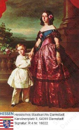 Victoria Königin v. Großbritannien geb. Herzogin v. Kent (1819-1901) / Porträt mit Sohn Albert Prinz v. Wales, späterer König Edward VII. (1841-1910) / auf Balkon vor Landschaftskulisse stehend, Ganzfiguren