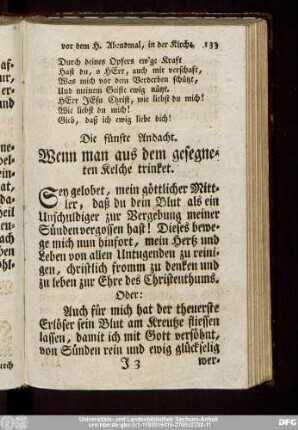 Die fünfte Andacht. Wenn man aus dem gesegneten Kelche trinket.
