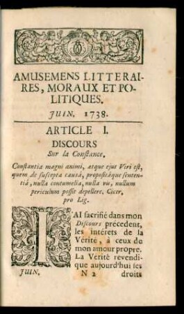 Amusemens Litteraires, Moraux & Politiques. Juin. 1738