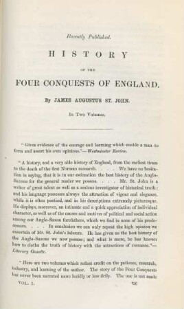 Recently published. History of the four conquests of England. By James Augustus St. John