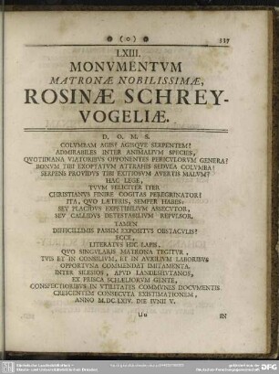 LXIII. Monumentum Matronae Nobilissimae, Rosinae Schreyvogeliae
